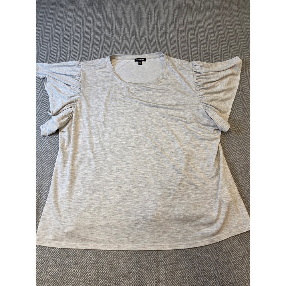 Express Shirt Top Women's XL Heathered Gray Flutter Sleeve Crew Neck Pullover